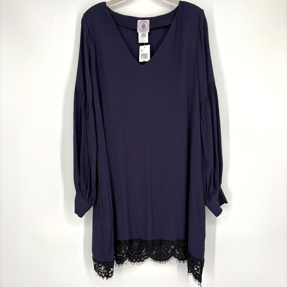 NWT Muche & Muchette Lace Trim Mini Dress Sz M/L Navy Black Long Sleeve Boho Y2K